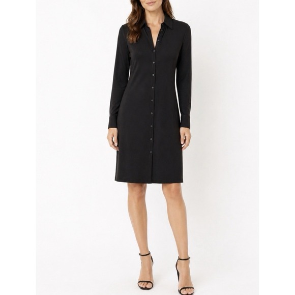 Norma Kamali Dresses & Skirts - Norma Kamali Midi Knit Shirt Dress Black Long Sleeve Button Down Sz L Minimalist
